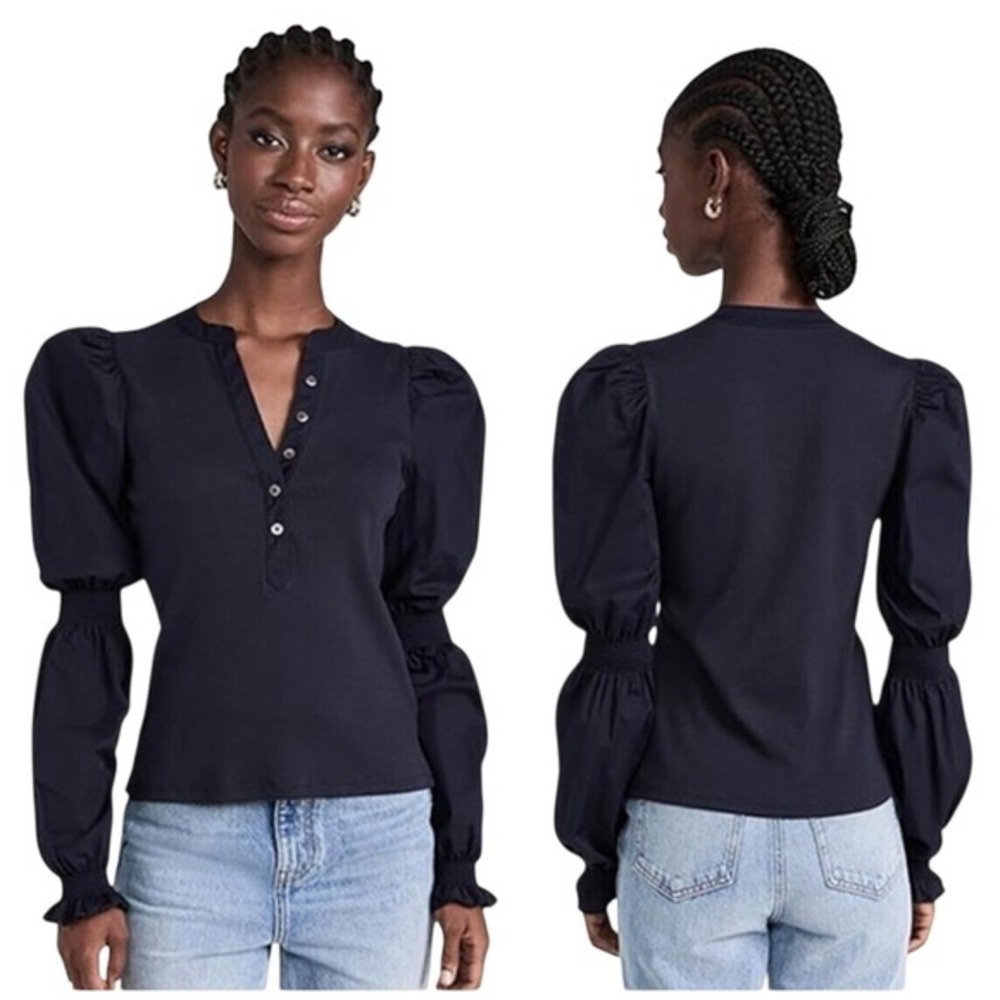Veronica Beard Effy Mixed Media Henley Top Navy Puff Sleeve Ribbed Medium